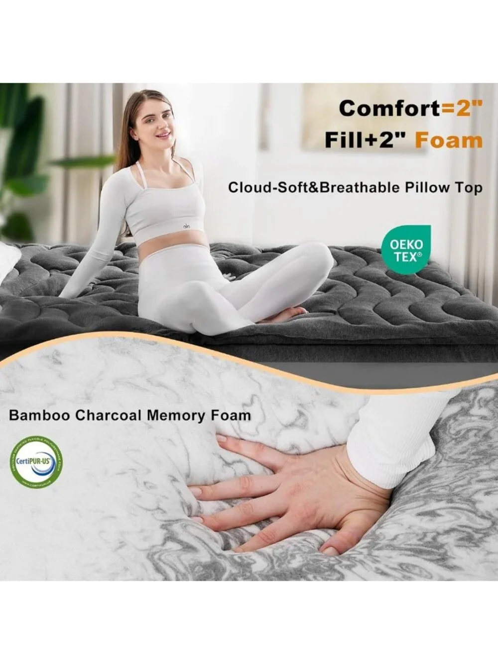 4-Inch Twin XL Mattress Topper for College Dorm - Soft Quilted & Charcoal Gel